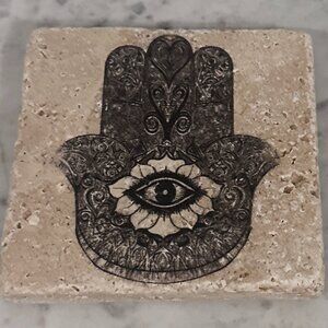 🧿✨ Hamsa Hand Evil Eye Stone Coaster Boho Spiritual Decor Yoga Meditation Gift